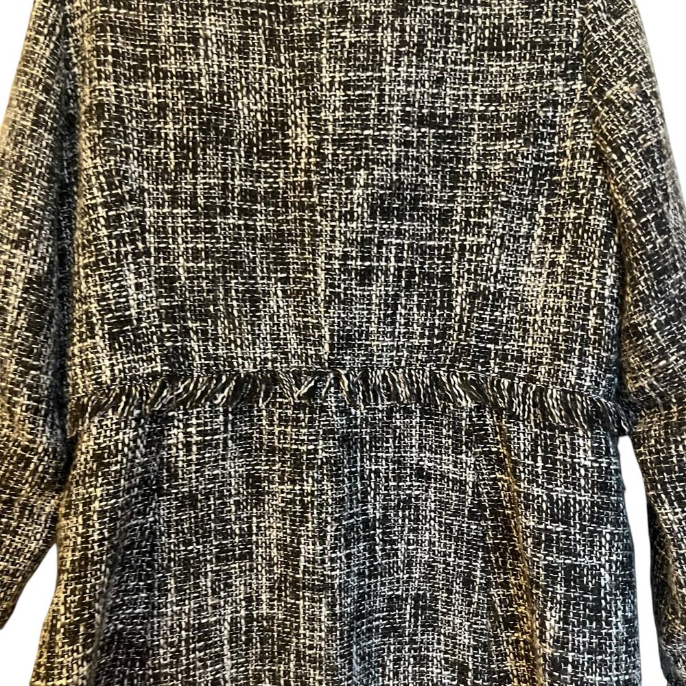 Sandro Tweed Long Jacket Black Boucle Blazer Fringe Collarless Classic Size L - Picture 11 of 12